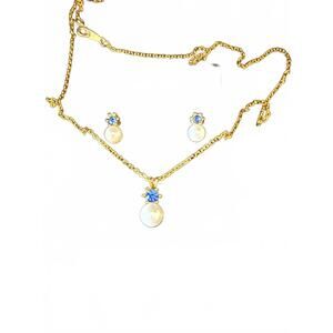 Sparkling Blue & Pearl Gold Necklace and Earring Set